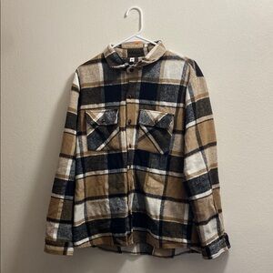 Plaid Button-Up Shirt in Black, Brown, and White